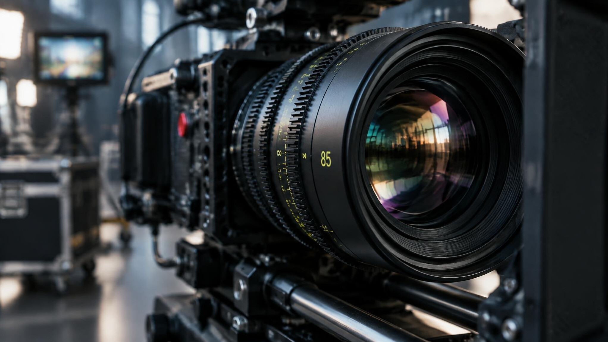 Camera lens close-up in a production setting