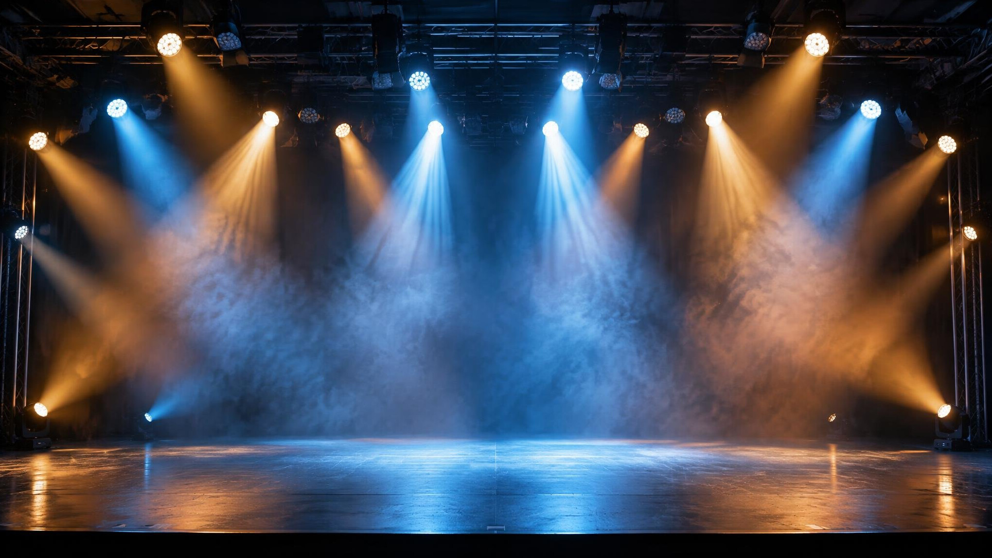 Stage lighting rig with warm beams