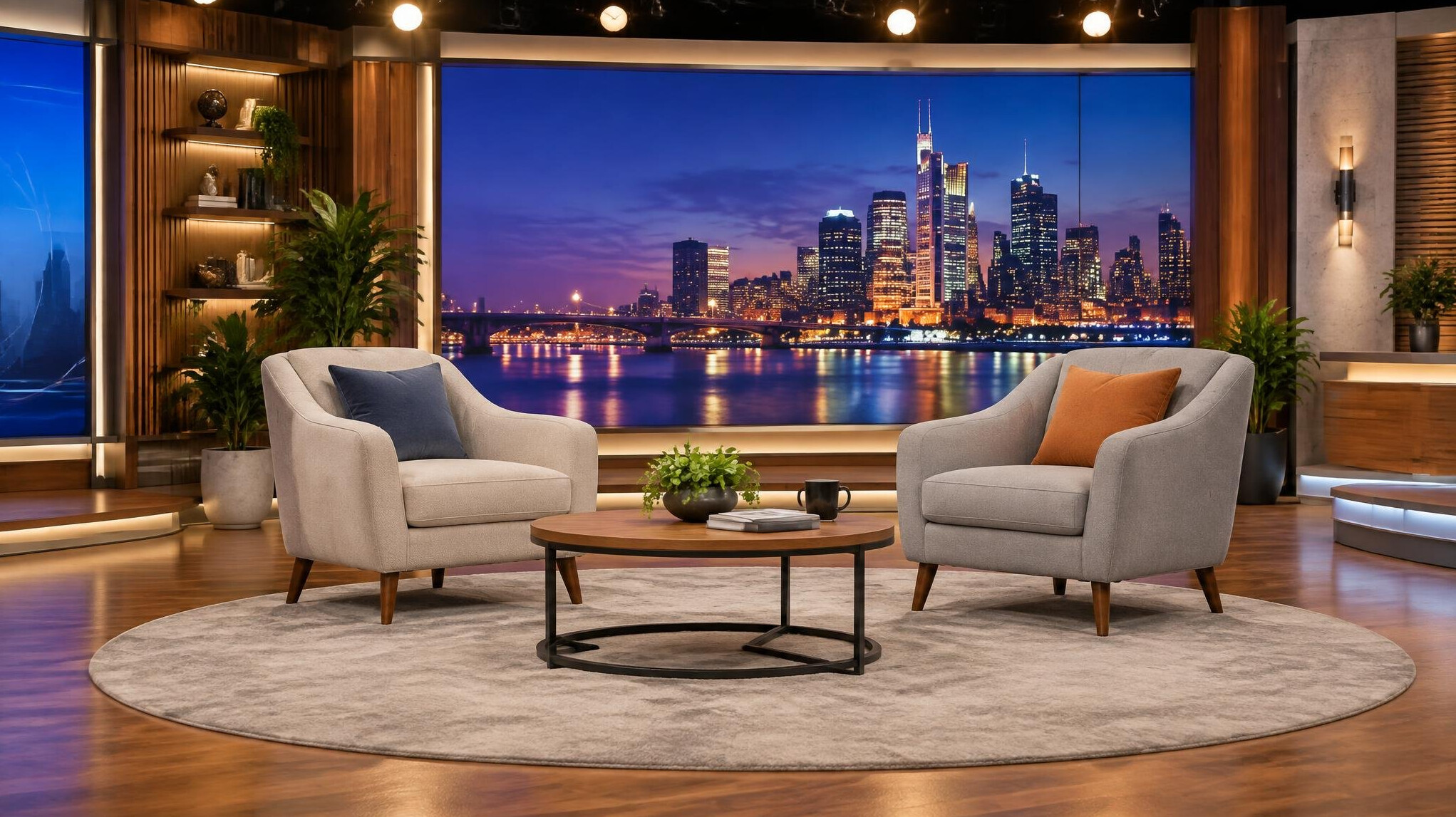 Talk show host and guest on a lit studio stage